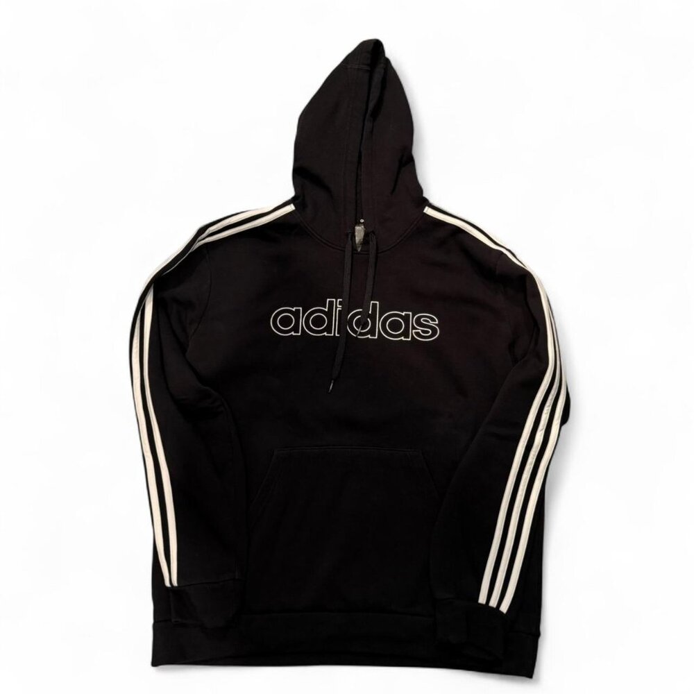 Adidas black hoodie with white stripes and logo